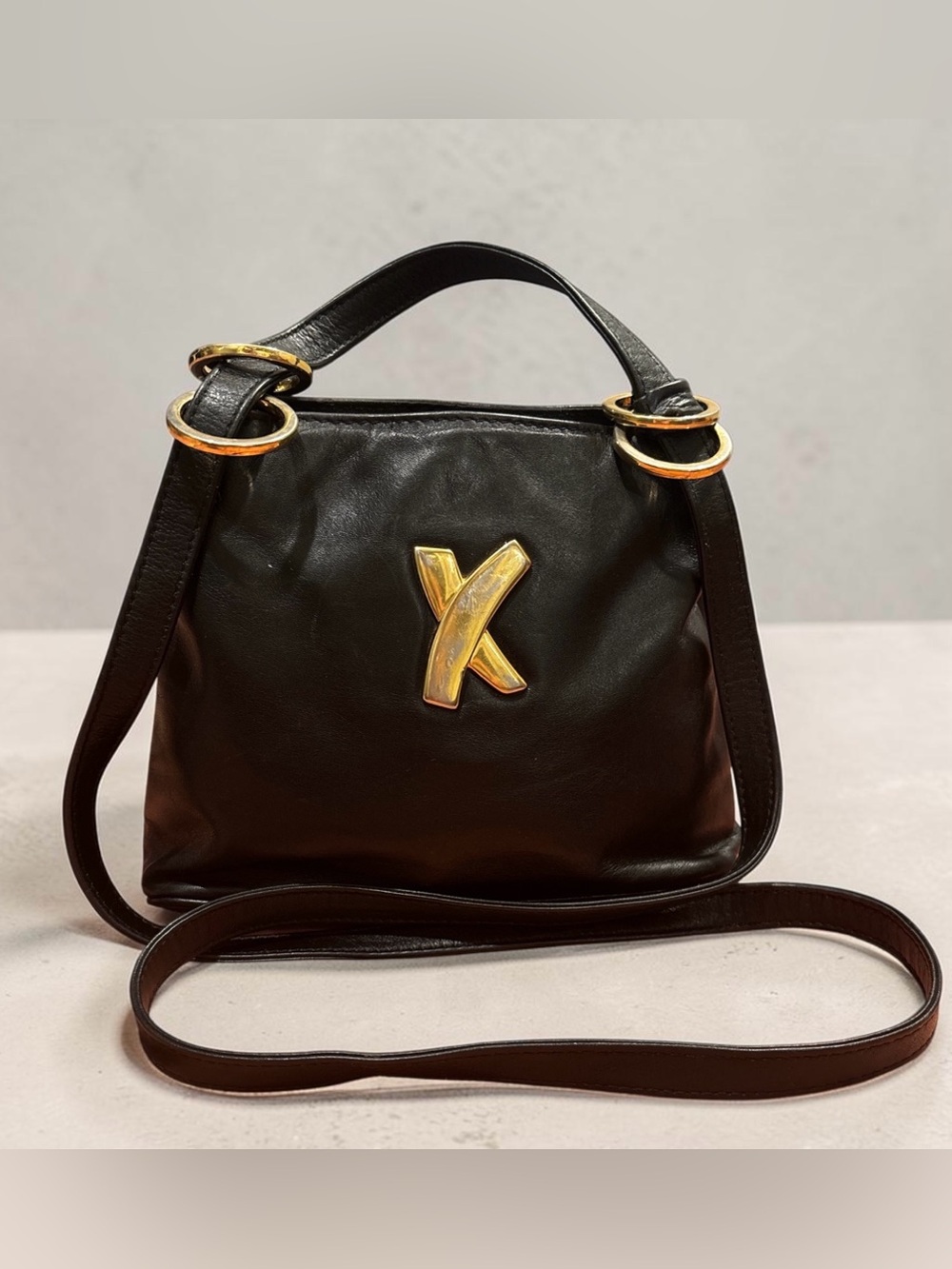Vintage Paloma Picasso Black Leather Top Handle Crossbody Bag Gold X Logo Italy